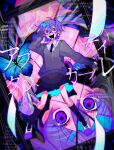  abnormality_dancin&#039;_girl_(vocaloid) ahoge black_necktie black_socks blue_butterfly bug butterfly collared_shirt crazy_eyes crossed_bangs despair flower_(vocaloid) hand_in_own_hair highres himanemuitoma kneehighs long_sleeves messy_hair necktie open_mouth purple_eyes purple_hair purple_skirt school_uniform shirt short_hair skirt sleeves_past_wrists socks sweat vocaloid 