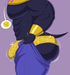  anthro anubian_jackal big_butt black_body bottomwear bulge butt canid canine canis clothing gold_(metal) gold_jewelry hi_res jackal jewelry male mammal megacoolbear_(artist) meme muscular muscular_anthro muscular_male pants pecs side_view simple_background solo tight_pants_(meme) underwear 