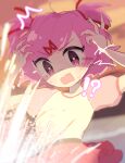  !? 1girl ^^^ anzen_robo_(474zz) arms_up artist_name blurry blurry_background bright_pupils commentary_request doki_doki_literature_club explosion fang hair_ornament hair_ribbon highres natsuki_(doki_doki_literature_club) open_mouth pink_eyes pink_hair pink_skirt pink_sleeves pleated_skirt puffy_short_sleeves puffy_sleeves red_ribbon ribbon shaded_face shirt shirt_tucked_in short_hair short_sleeves sidelocks skin_fang skirt solo sweat swept_bangs t-shirt twitter_username two_side_up v-shaped_eyebrows white_pupils white_shirt x_hair_ornament 