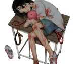  &gt;3&lt; 1girl alien black_eyes black_hair blood blood_on_arm blood_on_clothes blood_on_face blue_shorts bruise chair closed_mouth creature desk empty_eyes expressionless foot_out_of_frame from_above holding holding_creature injury kuze_shizuka leash lying medium_hair no_socks octopus on_desk on_side sasakyu school_chair school_desk shirt shoes short_sleeves shorts simple_background single_shoe solo t-shirt takopii takopii_no_genzai white_background white_shirt 