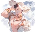  1boy abs absurdres black_hair bracelet earrings gido granblue_fantasy green_eyes highres jewelry large_pectorals lobelia_(danger_beckons_by_the_shore)_(granblue_fantasy) lobelia_(granblue_fantasy) male_focus muscular muscular_male necklace official_alternate_costume one_eye_closed open_clothes open_shirt pectorals shirt short_hair smile solo teeth upper_body white_shirt 