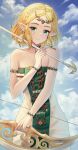  1girl arm_strap arrow_(projectile) artist_name bare_shoulders blonde_hair blue_sky bow_(weapon) bracelet braid cloud crown_braid doiparuni dress drop_earrings earrings green_eyes hand_up highres holding holding_arrow holding_bow_(weapon) holding_weapon jewelry looking_at_viewer pointy_ears princess_zelda short_hair sky smile solo strapless strapless_dress teardrop_facial_mark the_legend_of_zelda the_legend_of_zelda:_tears_of_the_kingdom weapon white_dress 