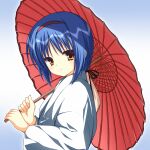  1girl alternate_costume asagi_nanami blue_hair commentary_request eyebrows_hidden_by_hair eyelashes from_side hair_between_eyes hairband hands_up highres holding holding_umbrella japanese_clothes kimono light_blue_background light_blush little_busters! long_sleeves looking_at_viewer miko nishizono_mio oil-paper_umbrella parted_lips red_hairband red_umbrella short_hair simple_background solo umbrella upper_body white_kimono wide_sleeves yellow_eyes 