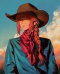  1girl absurdres alternate_costume blue_shirt blue_sky braid braided_ponytail brown_headwear chainsaw_man closed_mouth cloud cowboy_hat cowboy_western expressionless hair_over_shoulder hat highres kozzz_y long_hair looking_at_viewer makima_(chainsaw_man) red_hair red_lips red_scarf ringed_eyes scarf shirt sidelocks sky solo upper_body yellow_eyes 