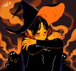  1girl artist_name black_hair black_headwear brown_nails brown_sclera colored_sclera colored_skin hat highres knees_up long_sleeves orange_skin orange_theme original sgsg612 solo witch witch_hat 