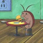  bug burger character_request cockroach eating food holding holding_food no_humans non-web_source off-topic spongebob_squarepants table tagme 