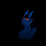  appelsaus bangs big_hands black_background black_hair blue_body blue_horn blue_skin breasts bust_portrait demon female hair hand_on_face horn humanoid long_hair nude portrait red_eyes simple_background solo 