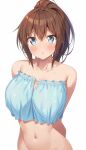  1girl amasawa_chigusa arms_behind_back bare_shoulders blue_eyes bottomless breasts brown_hair collarbone highres kazuma_(kazumav) large_breasts looking_at_viewer original simple_background solo sweat white_background 