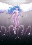  1girl angel angel_wings barefoot blue_eyes blue_hair breasts colored_skin completely_nude eroiroe feathered_wings flying full_body gradient_background head_wings highres long_hair looking_at_viewer medium_breasts milestone_celebration navel nude original purple_skin smile solo wavy_hair white_wings wings 