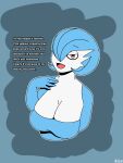  3:4 ay03 big_breasts blue_hair breasts cleavage clothed clothing dialogue english_text female gardevoir generation_3_pokemon hair hi_res huge_breasts nintendo pokemon pokemon_(species) red_eyes shiny_pokemon simple_eyes text white_body 