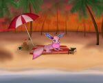  beach beach_towel beverage canid canine eevee eeveelution fan_character female feral flower fur furniture generation_1_pokemon hi_res joeumbre mammal nintendo palm_tree pink_body pink_fur plant pokemon pokemon_(species) sand sand_castle sculpture seaside solo space sunset table towel tree umbrella water 