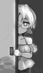  1girl collarbone commentary_request curse_(023) glasses greyscale highres hirato_(kancolle) kantai_collection monochrome official_alternate_costume peeking_out polka_dot polka_dot_shirt shirt short_hair sliding_doors smile solo upper_body 