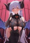  1girl albion_(azur_lane) albion_(silvermoon_faerie_princess)_(azur_lane) azur_lane bare_shoulders black_dress black_gloves blue_eyes blush breasts closed_mouth covered_navel demon_girl demon_wings dress elbow_gloves futon_fly_away gloves hand_up heart heart-shaped_pupils highres hip_vent horns large_breasts long_hair looking_at_viewer official_alternate_costume pointy_ears smile solo symbol-shaped_pupils white_hair wings 