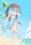  1girl bare_arms bare_legs bare_shoulders beach bikini bird black_hair blue_sarong blue_sky breasts chinese_commentary cleavage cloud collarbone commentary double-parted_bangs full_body hand_up holding_sandals horizon jewelry laughing long_hair looking_down lucia_(punishing:_gray_raven) medium_breasts necklace ocean open_mouth outdoors palm_leaf palm_tree punishing:_gray_raven red_eyes sand sandals sarong seagull seashell shell shell_hair_ornament sky solo standing standing_on_one_leg star_(symbol) star_necklace swimsuit thigh_gap thigh_strap tree twintails unworn_sandals water waves white_bikini white_footwear yume_3327 