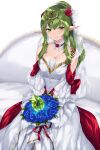  1girl bare_shoulders blue_flower blue_rose bouquet breasts cait_aron cleavage commentary detached_sleeves dress fire_emblem fire_emblem_awakening fire_emblem_heroes flower gem green_eyes green_gemstone green_hair hair_between_eyes hair_flower hair_ornament headpiece highres holding holding_bouquet large_breasts long_hair long_sleeves looking_at_viewer official_alternate_costume parted_lips pointy_ears ponytail red_flower red_rose rose simple_background sitting sleeveless sleeveless_dress smile solo tiki_(adult)_(fire_emblem) tiki_(fire_emblem) wedding_dress white_background white_dress white_sleeves 