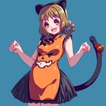  1girl :3 :d animal_ears bell blue_background cat_ears cat_tail chinese_clothes clothing_cutout commentary_request cowboy_shot delicious_party_precure dress fake_animal_ears fake_tail fang hair_rings halloween halloween_costume hanamichi_ran high_collar highres jingle_bell looking_at_viewer navel navel_cutout open_mouth orange_dress partial_commentary paw_pose precure red_eyes red_ribbon ribbon sayousuke short_dress short_hair simple_background sleeveless sleeveless_dress smile solo standing tail tail_bell tail_ornament tail_ribbon 