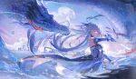  1girl absurdres bare_shoulders blue_dress blue_eyes blue_hair bridal_gauntlets closed_eyes cloud cowboy_shot crying day detached_sleeves dragon dress dutch_angle eastern_dragon floating_hair from_side highres holding holding_sword holding_weapon honkai:_star_rail honkai_(series) jingliu_(honkai:_star_rail) long_hair mifan_ye_keyi_ma ocean orbital_path outdoors ponytail scales scenery solo splashing standing sword tears water weapon wind 