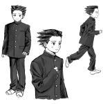  1boy ace_attorney aged_down alternate_costume arms_at_sides closed_mouth cropped_torso from_side full_body gakuran greyscale hand_up highres jacket long_sleeves looking_at_viewer male_focus monochrome multiple_views open_mouth pants phoenix_wright profile renshu_usodayo school_uniform shoes short_hair simple_background smile spiked_hair standing white_background 