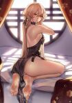  1girl absurdres armpit_crease ass back backless_dress backless_outfit bare_legs bare_shoulders barefoot black_bow black_dress black_ribbon blonde_hair blurry blurry_background blush bow breasts closed_mouth commentary commission curtains depth_of_field dress english_commentary eyelashes feet foot_focus from_behind full_body girls&#039;_frontline gold_trim greek_toe hair_between_eyes hair_ribbon highres indoors legs long_hair looking_at_viewer looking_back medium_breasts mouth_hold nikishiko official_alternate_costume on_bed ots-14_(girls&#039;_frontline) pixiv_commission ribbon seiza shadow shiny_skin side_slit sideboob sidelocks sitting smell soles solo steaming_body sweatdrop thighs toes tying_hair very_long_hair window yellow_eyes 