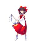  1girl bow brown_eyes brown_hair closed_mouth detached_sleeves embodiment_of_scarlet_devil full_body game_cg gohei hair_bow hair_tubes hakurei_reimu har_bow highres holding looking_at_viewer red_bow red_shirt red_skirt ribbon-trimmed_sleeves ribbon_trim rotte_(1109) shirt simple_background skirt smile solo third-party_source touhou touhou_lost_word white_background white_footwear wide_sleeves 