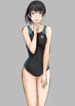  1girl absurdres amagami black_eyes black_hair blush breasts commentary_request competition_swimsuit covered_navel finger_to_mouth grey_background hand_on_own_thigh highres looking_at_viewer medium_breasts mori_heichi one-piece_swimsuit ponytail short_hair shushing simple_background solo standing swimsuit thigh_gap tsukahara_hibiki 