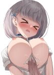  1girl absurdres blush breasts censored closed_eyes cum ejaculation grey_hair hashira_14 highres hololive large_breasts looking_at_viewer mosaic_censoring nipples open_mouth paizuri penis shirogane_noel short_hair solo_focus virtual_youtuber 