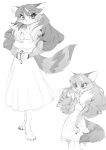  anthro aruurara barefoot breasts claws cleavage clothed clothing domestic_cat dress feet felid feline felis female fingertips_touching fur hand_to_own_mouth hi_res jean_(aruurara) kemono looking_at_viewer mammal norwegian_forest_cat sketch solo standing striped_body striped_fur stripes whiskers 