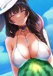  1girl asymmetrical_hair beach belt_collar bikini black_hair blue_flower blue_sky blurry braid braided_ponytail breasts cleavage closed_eyes closed_mouth collar day flower food fruit goddess_of_victory:_nikke hair_over_shoulder hat highres holding holding_food huge_breasts jewelry large_breasts long_hair mary_(bay_goddess)_(nikke) mary_(nikke) necklace official_alternate_costume outdoors sayu_mypace sky smile solo sun_hat swimsuit watermelon white_bikini white_headwear 