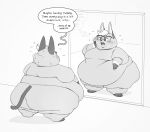  animal_crossing anthro belly belly_overhang big_belly big_butt blush blush_lines butt chubby_cheeks domestic_cat double_chin english_text face_squish fat_rolls felid feline felis hand_on_cheek hi_res huge_butt huge_thighs looking_at_mirror looking_at_object male mammal mirror monochrome moobs morbidly_obese morbidly_obese_anthro morbidly_obese_male nintendo nude_anthro nude_male obese obese_anthro obese_male overweight overweight_anthro overweight_male raymond_(animal_crossing) solo speech_bubble squish text thick_arms thick_thighs touching_belly weight_gain worried yellowhellion 