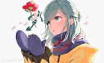  1boy blue_eyes blue_hair blue_mittens blue_scarf flabebe flabebe_(red) grusha_(pokemon) highres jacket long_hair long_sleeves male_focus mittens petals pokemon pokemon_(game) pokemon_sv scarf striped striped_scarf twitter_username two-tone_scarf woppero_prpr yellow_jacket 