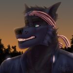  1:1 2021 acidwuff anthro bandanna black_body black_eyebrows black_fur black_hair black_nose blue_body blue_clothing blue_eyes blue_fur blue_jacket blue_topwear bust_portrait canid cheek_tuft clothed clothing dated eyebrows facial_tuft fur hair hi_res jacket kerchief male mammal neck_tuft outside portrait short_hair signature solo teeth topwear tuft 