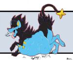  2021 abdominal_bulge ass_up belly big_belly bodily_fluids claws digestion digestion_noises ears_up fangs feral fur generation_4_pokemon half-closed_eyes luxray lying mane marcushunter muffled narrowed_eyes nintendo nude on_front open_mouth paws pokemon pokemon_(species) raised_tail saliva saliva_on_tongue saliva_string side_view signature solo star_tail tail teeth tongue tongue_out vore 