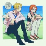  1boy 1girl black_footwear blonde_hair blue_necktie border cigarette collarbone crop_top eyelashes hair_over_one_eye highres holding holding_cigarette long_sleeves maiko_(setllon) nami_(one_piece) necktie one_piece orange_hair pants pink_shirt sandals sanji_(one_piece) shirt short_hair sitting speech_bubble translation_request white_border white_footwear white_pants 