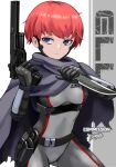  1girl belt belt_pouch blue_eyes bodysuit breasts cloak commission frown gun handgun highres holding holding_gun holding_knife holding_weapon knife looking_at_viewer medium_breasts original pouch red_hair reverse_grip short_hair signature solo sunao_(70_the) torn_cloak torn_clothes trigger_discipline very_short_hair weapon 