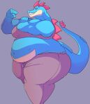  5_fingers anthro bee-unit belly blue_body breasts clothed clothing female feraligatr fingers generation_2_pokemon hi_res midriff morbidly_obese musclegut muscular_arms navel nintendo non-mammal_breasts obese open_mouth open_smile overweight overweight_anthro overweight_female pokemon pokemon_(species) scalie sharp_teeth simple_background smile solo teeth yellow_eyes 