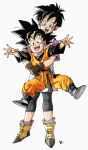  1boy 1girl black_eyes black_footwear black_hair blue_eyes brown_gloves dragon_ball fingerless_gloves gloves highres jumpsuit kakeru_(dbskakeru) looking_at_viewer open_mouth orange_jumpsuit shoes short_hair simple_background son_goten spiked_hair teeth toriyama_akira_(style) videl white_background 