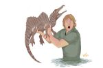  ambiguous_gender blonde_hair caught claws dinosaur dorsal_ridge duo feral hair hodarinundu holding_another human male mammal markings open_mouth partially_submerged reptile scalie simple_background spinosaurid spinosaurus steve_irwin striped_body striped_markings stripes theropod white_background 
