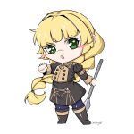  1girl artist_name black_footwear black_jacket black_skirt blonde_hair blue_pantyhose blunt_bangs blush_stickers boots chibi commentary_request fire_emblem fire_emblem:_three_houses full_body garreg_mach_monastery_uniform green_eyes highres holding holding_polearm holding_weapon ingrid_brandl_galatea jacket juliet_sleeves long_hair long_sleeves looking_at_viewer open_mouth pantyhose polearm puffy_sleeves signature simple_background skirt skirt_set smkittykat solo spear standing very_long_hair weapon white_background 