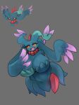  absurd_res ancient_pokemon anthro arm_hair big_breasts blue_body blush body_hair breasts cleavage clothed clothing eyelashes fangs female flutter_mane flying generation_9_pokemon glistening glistening_body grey_background half-closed_eyes hand_to_face hands_behind_back head_spikes hi_res huge_breasts looking_at_viewer narrowed_eyes navel nintendo open_mouth paradox_pokemon pokemon pokemon_(species) pseudo_clothing pupils red_sclera simple_background skin_fang slit_pupils smile solo spikes spikes_(anatomy) teeth wide_hips yboon yellow_eyes 