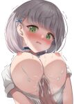  1girl absurdres blush breasts censored cum cum_on_body cum_on_breasts facial green_eyes grey_hair hashira_14 highres hololive large_breasts looking_at_viewer mosaic_censoring nipples open_mouth paizuri penis shirogane_noel short_hair solo_focus tears trembling virtual_youtuber 