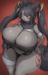  absurd_res anthro big_breasts black_body black_fur black_hair breasts canid canine cleavage clothed clothing female fur hair hi_res huge_breasts hyper hyper_breasts mammal solo suurin_2 thick_thighs 