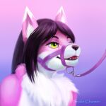 alvanarry anthro black_hair black_nose canid canine close-up fox fur girly green_eyes hair hi_res inner_ear_fluff leash leather_strap mammal muzzle_strap norii pink_body pink_fur smile tuft 