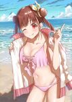  1girl ;q beach bikini blush breasts brown_hair cleavage collarbone double_bun hair_bun highres idolmaster idolmaster_shiny_colors jacket large_breasts looking_at_viewer navel one_eye_closed open_clothes open_jacket outdoors pink_bikini pointing red_eyes shiraha_(shiraha_0129) skindentation smile solo sonoda_chiyoko swimsuit tongue tongue_out twintails 