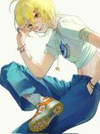  1girl blonde_hair blue_nails blue_pants bracelet don_quixote_(limbus_company) grin hand_in_pocket highres jewelry limbus_company looking_at_viewer necklace pants project_moon shirt shoes short_hair simple_background smile sneakers socks solo szztzzs t-shirt v white_background white_shirt white_socks yellow_eyes yellow_footwear 