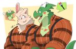  anthro chest_tuft clothed clothing dialogue_box dragon duo green_body hi_res hikazedragon lagomorph leporid male mammal muscular muscular_anthro muscular_male open_clothing open_shirt open_topwear paint_on_self pecs rabbit red_paint rg01_(undertale) rg02_(undertale) scalie shirt topwear tuft undertale_(series) 