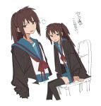  1girl blue_sailor_collar blue_skirt brown_cardigan brown_eyes brown_hair cardigan chair highres kyonko looking_at_viewer medium_hair ponytail sailor_collar shirt simple_background sitting sketch skirt sugata_dski suzumiya_haruhi_no_yuuutsu translation_request upper_body white_background white_shirt 