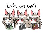  3girls :3 animal_motifs black_necktie black_uniform blush brown_hair closed_eyes employee_(lobotomy_corporation) green_ubiform harvest_fes library_of_ruina lobotomy_corporation multiple_girls necktie project_moon red_eyes red_uniform smile yellow_necktie 