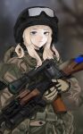  1girl black_headwear blonde_hair blue_eyes blurry blurry_background brown_gloves brown_jacket commentary depth_of_field english_commentary gloves goggles goggles_on_headwear gun helmet highres holding holding_gun holding_weapon jacket long_hair long_sleeves looking_at_viewer original parted_lips puffy_long_sleeves puffy_sleeves pz-15 scope solo upper_body weapon weapon_request 
