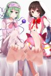  2girls alternate_costume animal_ears black_hair bow bowtie brown_eyes closed_mouth commentary_request feet floral_print green_eyes green_hair heart heart_of_string highres inaba_tewi inaba_tewi_(happy_patissiere) komeiji_koishi komeiji_koishi_(the_wandering_rose) multiple_girls pajamas pink_pajamas rabbit_ears rabbit_girl red_bow red_bowtie rose_print shimotsuki_aoi short_hair simple_background sitting sleep_mask smile soles third_eye touhou touhou_lost_word white_background 