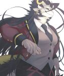  absurd_res anthro black_hair clothing dragon ear_piercing ear_ring fuxi_(tas) grey_body hair hi_res horn izm_rm7 lifewonders long_hair male muscular muscular_anthro muscular_male necktie piercing ring_piercing suit tokyo_afterschool_summoners topwear vest 